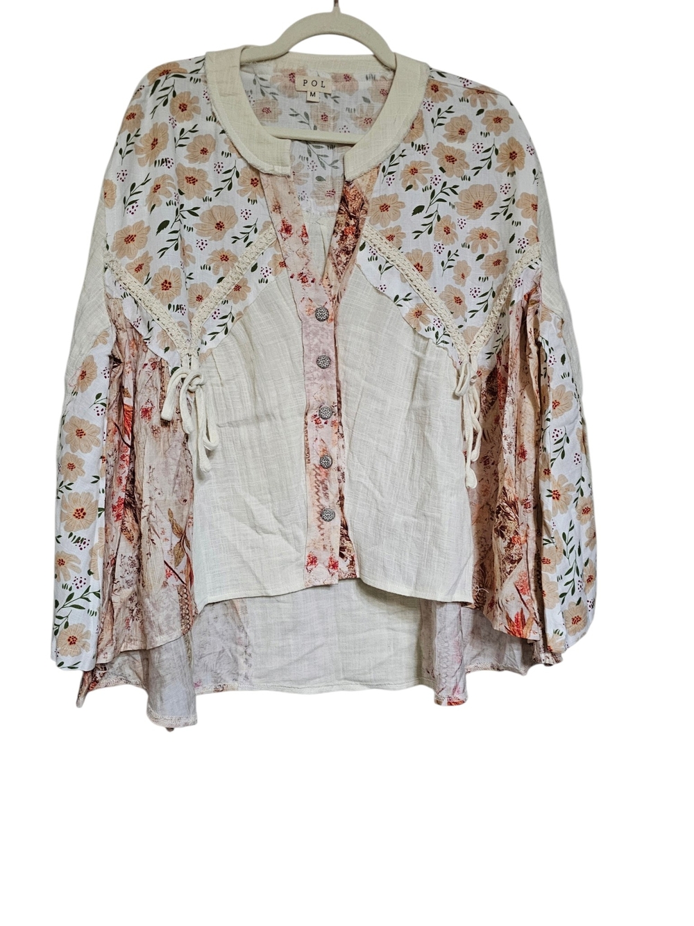 POL Mixed Floral Patchwork Button-Down Top - Cream & Pink